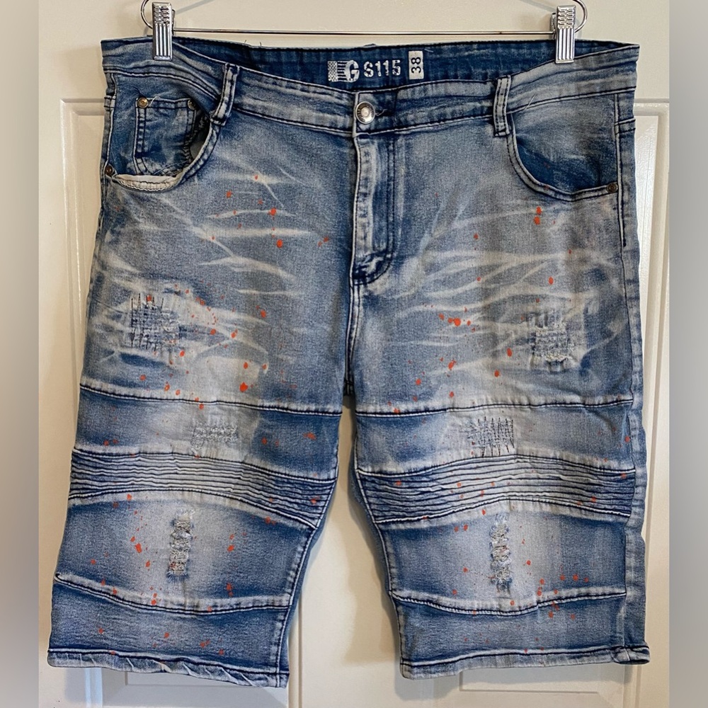 GS115 Men’s Jean Denim Shorts Size 38 Inseam 12” Distressed Paint Splatter